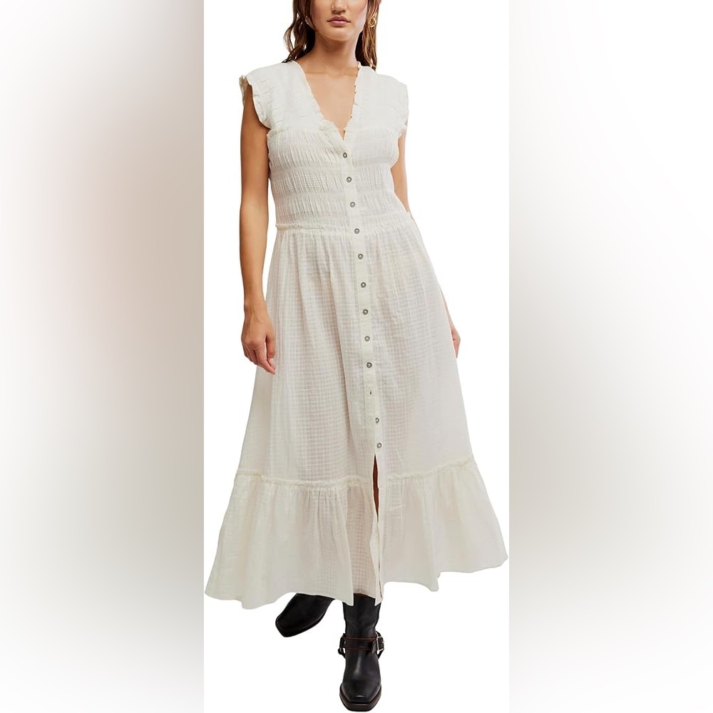 Free People Ivory Button-Down Maxi Dress